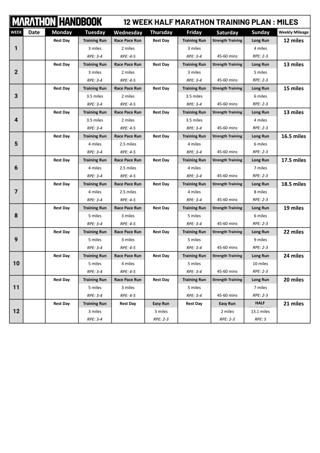 12 Week Half Marathon Training Plan Free PDF Download 