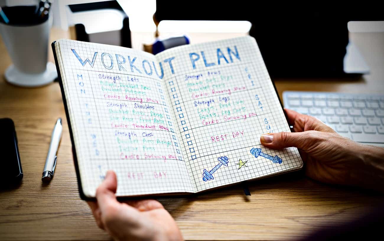 A notebook with a workout plan using the FITT principle.