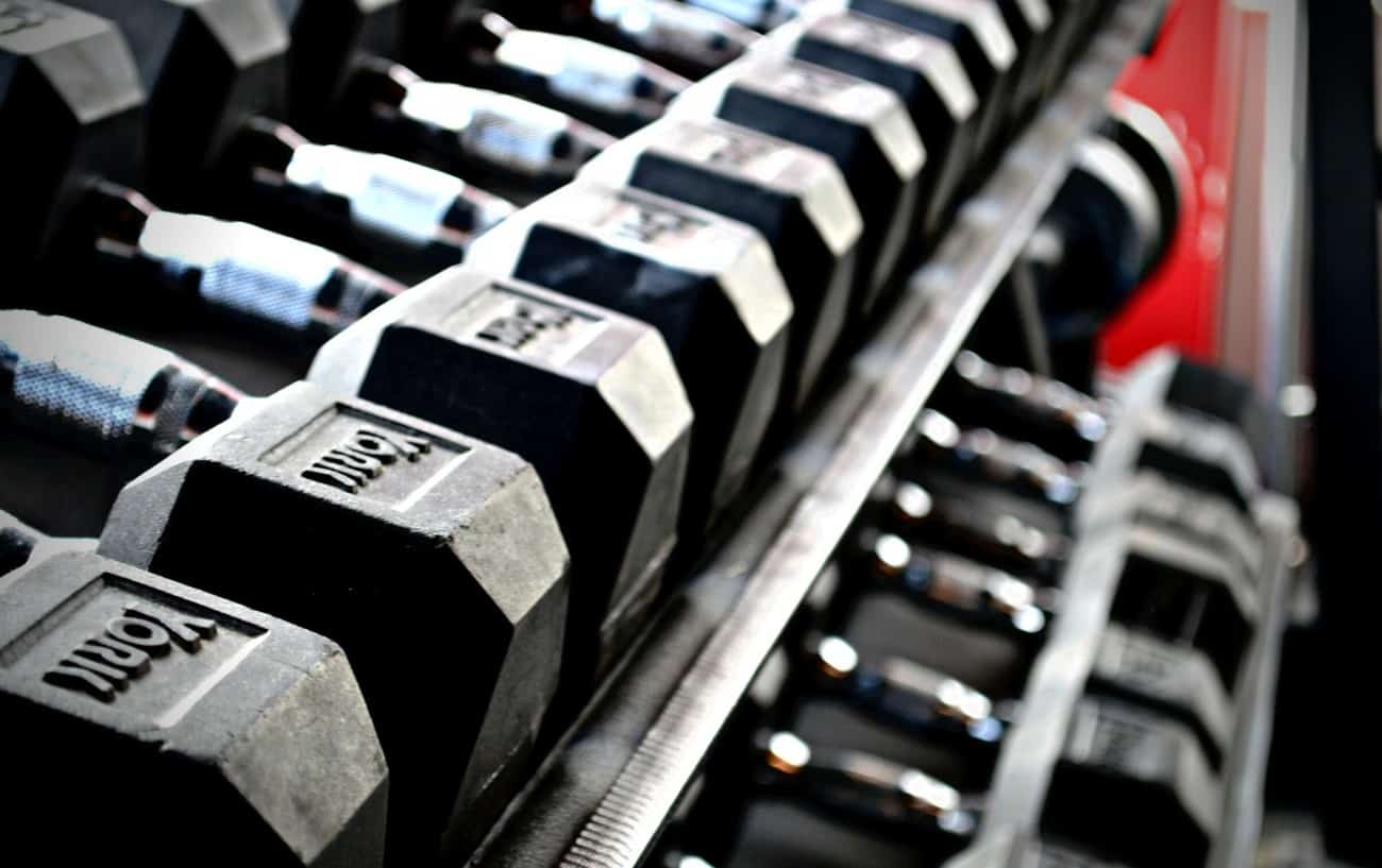 A display shelf of dumbbells.