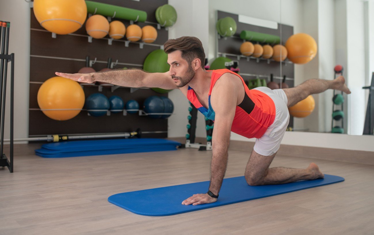 A person doing a bird-dog exercise. 