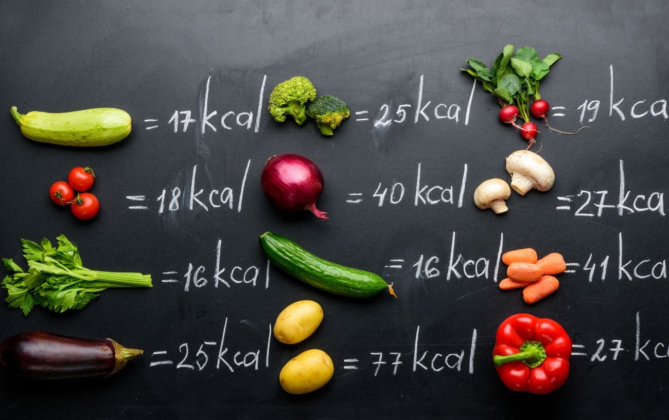 A variety of vegetables and their calorie count.