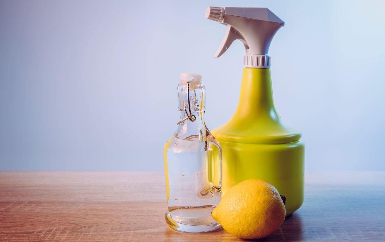 A spray bottle, lemon, and vinegar