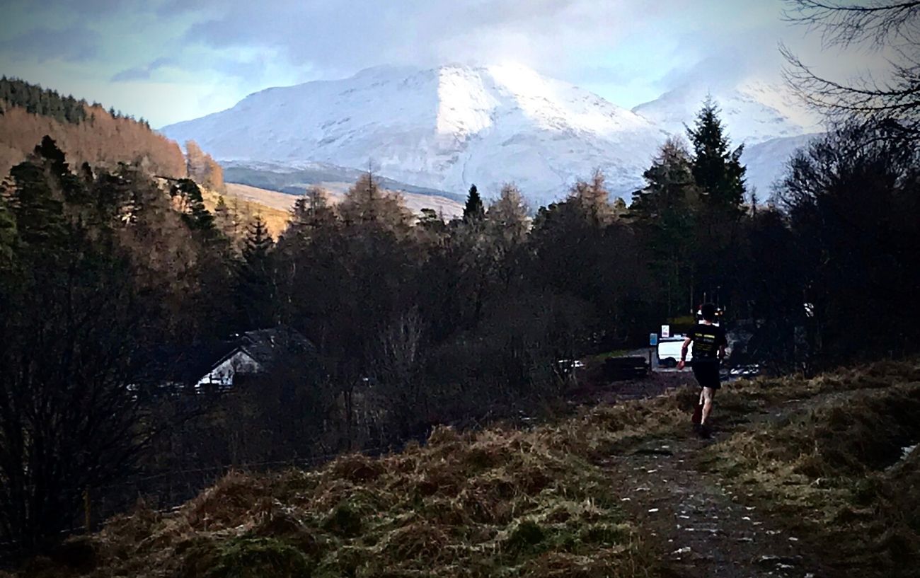 A trail 24-hour race route surrounded by snow-capped mountains.