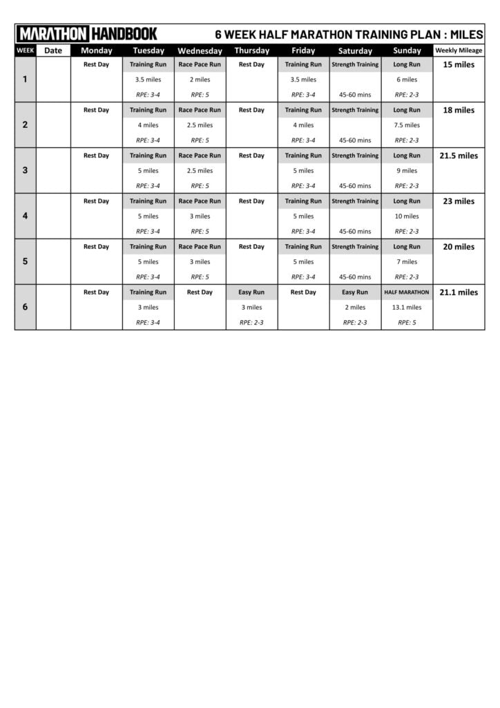 6 week half marathon training plan PDF image