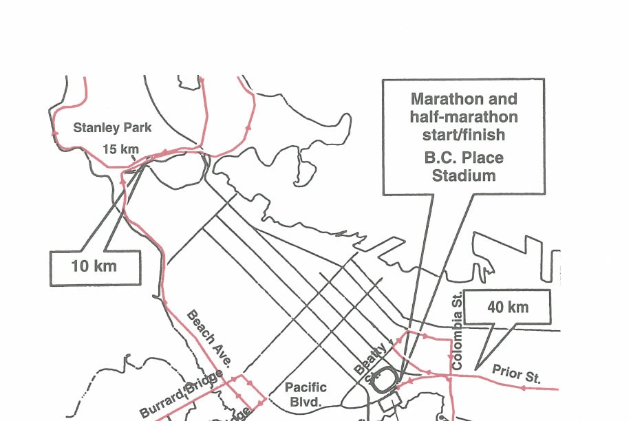 Vancouver International Marathon 11 Half-marathon and marathon course map showing Stanley Park, Burrard Bridge, Granville Bridge, False Creek, Pacific Blvd., 6th Ave., Plaza of Nations, and Science World, with distance markers at 10 km, 15 km, and 40 km. Start/finish at B.C. Place Stadium.