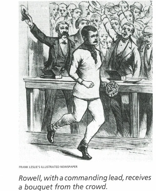 Rowell, with a commanding lead, receives a bouquet from the crowd. (Frank Leslie's Illustrated Newspaper)