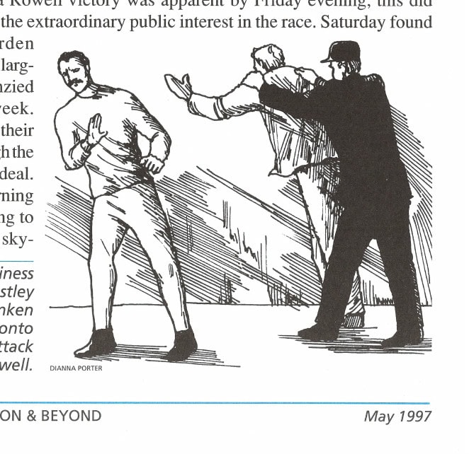 A moment of ugliness in the third Astley Belt race—a drunken Irishman rushes onto the track to attack Charles Rowell. (Dianna Porter)