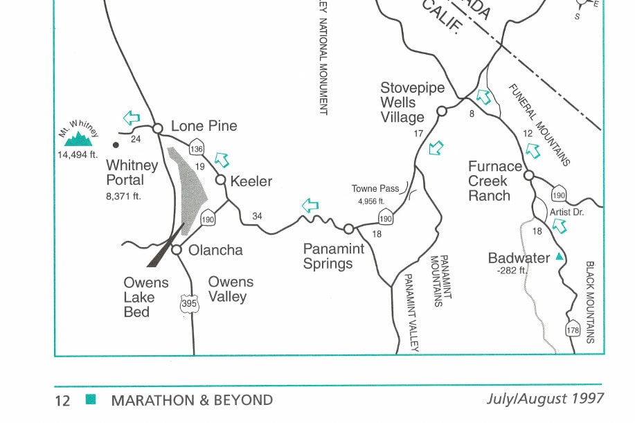 On the Road with Kathrine Switzer 9 Map of Death Valley National Monument area, showing Badwater (-282 ft.), Furnace Creek Ranch, Stovepipe Wells Village, Scotty's Castle, Mt. Whitney (14,494 ft.), Whitney Portal (8,371 ft.), Towne Pass (4,956 ft.), and surrounding mountains and roads.