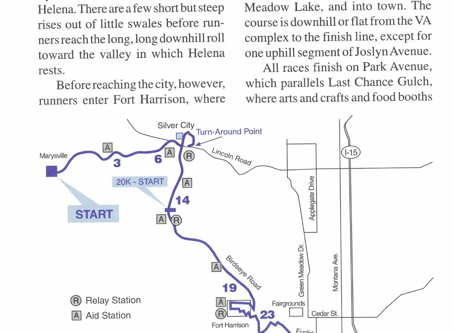 Course Map: The Governor's Cup Ghost Town Marathon route from Marysville through Silver City and Birdseye Road to the finish on Park Avenue in Helena.