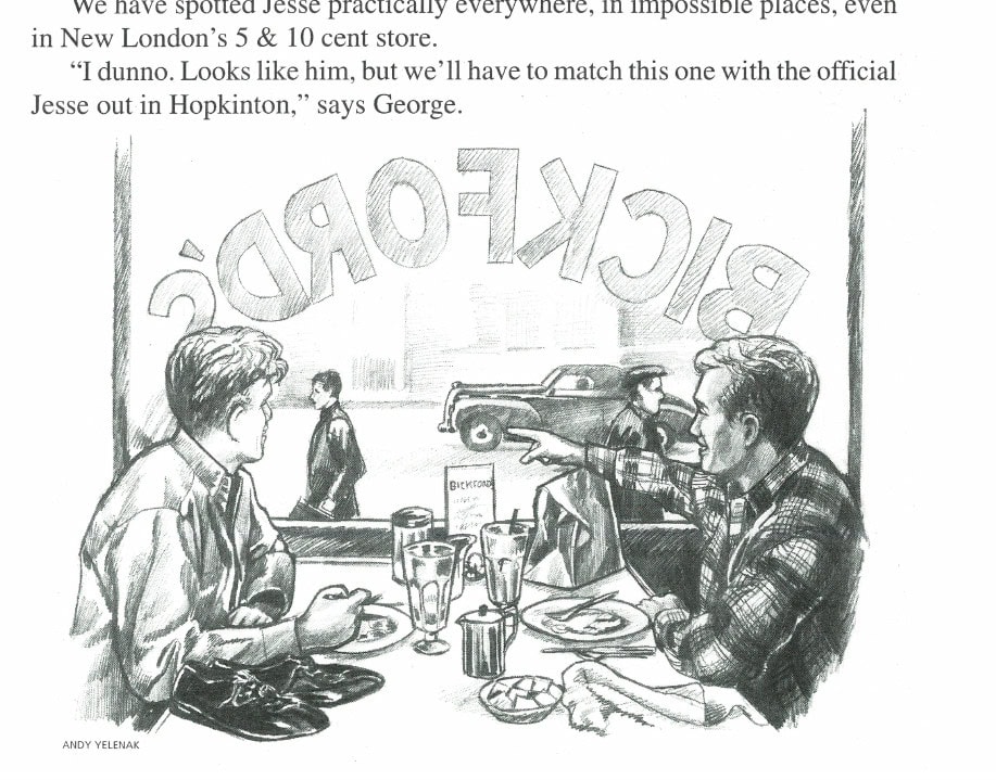 Illustration by Andy Yelenak: Two runners at a Bickford's eatery, surveying Huntington Avenue before the Boston Marathon.