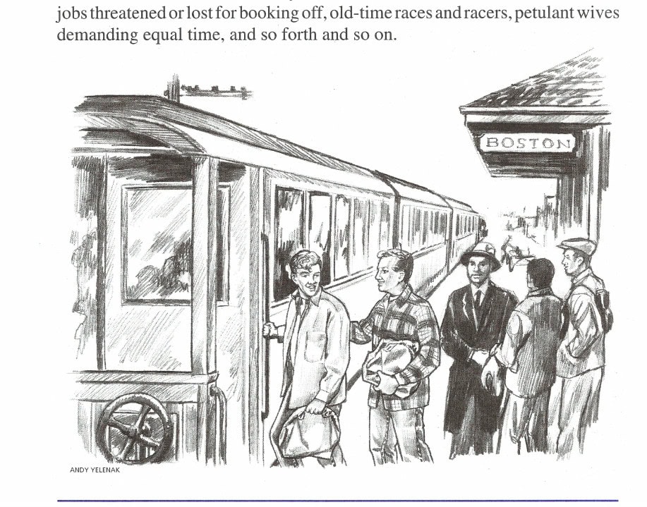 Illustration by Andy Yelenak: Runners boarding the Marathon Special train at Boston station.