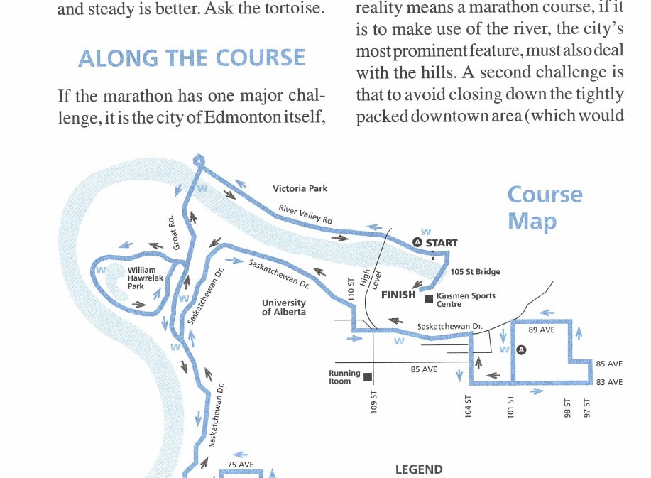 Course Map showing the Edmonton Festival Marathon route along the North Saskatchewan River valley, including landmarks such as Victoria Park, William Hawrelak Park, University of Alberta, Kinsmen Sports Centre, and Workers Compensation Board building.