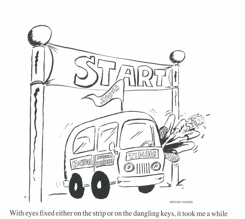 The Champion of the Chip 7 Illustration by Michael Hughes: a policeman attempts to slim-jim open the locked Official Boston Marathon timing van at the start line.