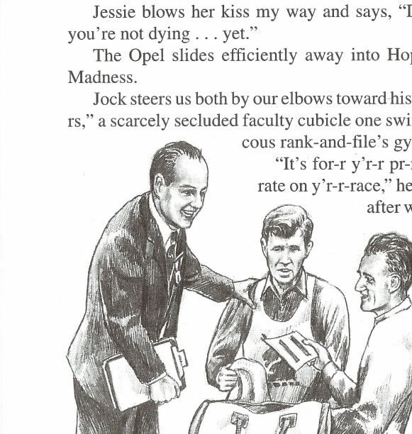 Illustration by Andy Yelanak depicting Jock Semple with runners in the dressing room.