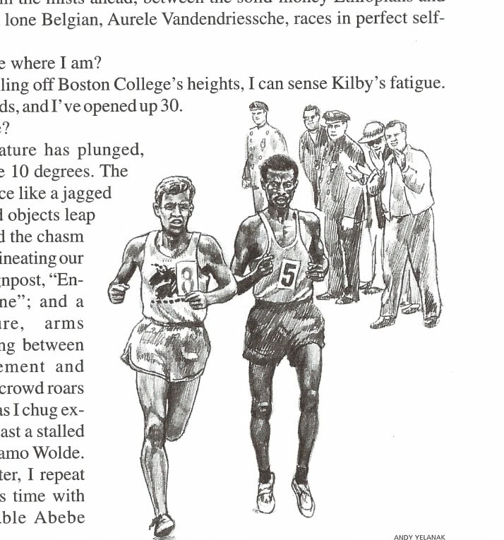 Illustration by Andy Yelanak depicting runners including Bikila and Wolde in the late miles of the Boston Marathon.