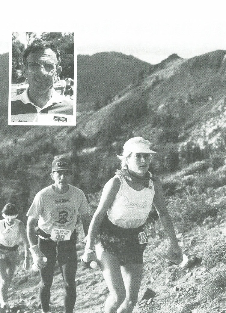 The History of Western States 48 Runners climbing a steep mountain trail during the Western States 100. Inset: Norm Klein, race director. © 1992, Photoworks, Mo Livermore (inset photo)