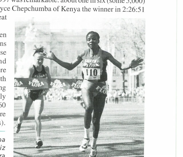 Kenya's Joyce Chepchumba nips Great Britain's Liz McColgan to win the 1997 Flora London Marathon in 2:26:51.