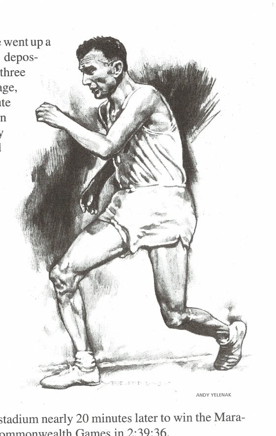 Illustration of Jim Peters collapsing on the track at the 1954 Commonwealth Games in Vancouver. Illustration by Andy Yelenak.