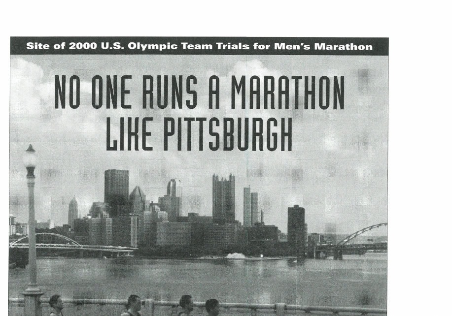 Runners along the Pittsburgh waterfront with the city skyline in the background.