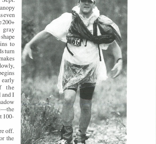 Joe Prusaitis heads out from the Big Mountain aid station during a short rain and hail storm in the 1998 Wasatch 100.