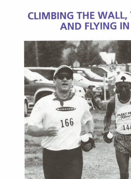 Joe, ahead of Errol Moore, at the finish of the 1998 Wasatch 100.