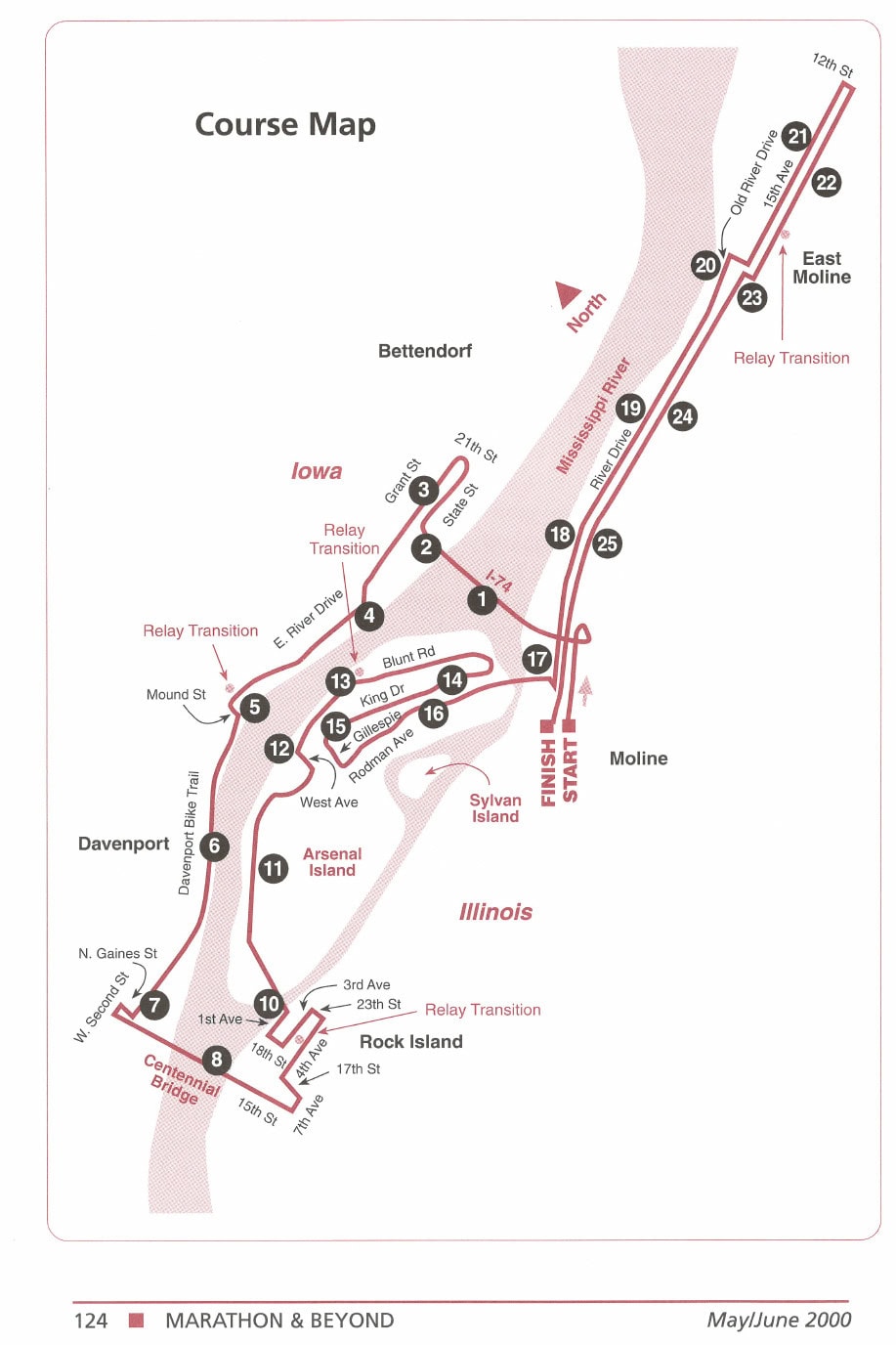 Course Map showing the Quad Cities Marathon route through Moline, Rock Island, Davenport, Bettendorf, and East Moline, with mile markers 1–25 and relay transition points marked.