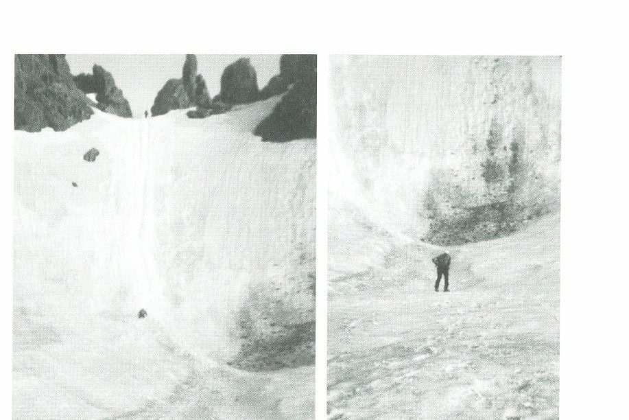 Jose Wilkie sliding out of the trough near the bottom of Virginius Pass (left). Jose dusts himself off after surviving "the ride."