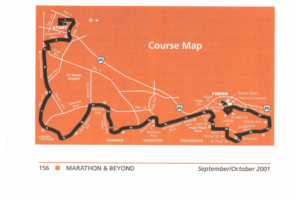 Ocean State Marathon 5 Course Map showing the Ocean State Marathon route from Warwick through Cranston to Providence, with mile markers and key landmarks indicated.
