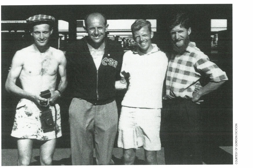 Ocean State Marathon 6 From left: Doug Kyle, Canadian 10K competitor; Emil Zatopek; Johnny J. Kelley; and Geoff Watt, Australian marathoner. Olympic Village, Rome, 1960. Courtesy of Gordon Dickson.