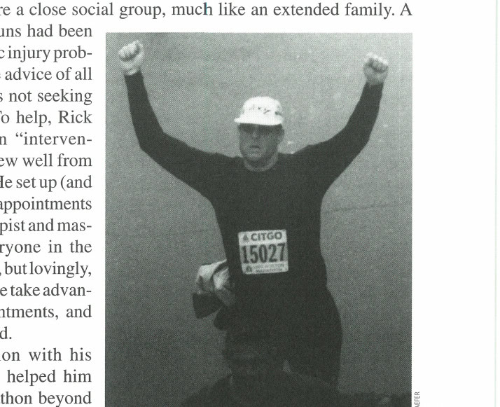 Running on the Moon 7 Rick celebrates completing the 2000 Boston Marathon.