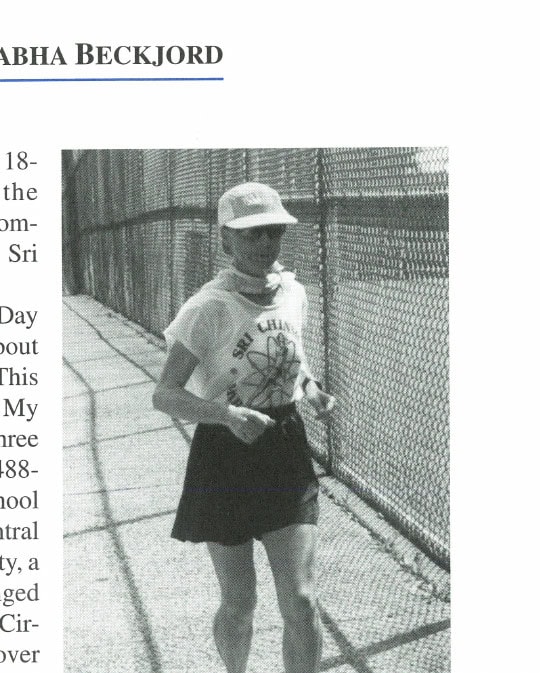 Suprabha Beckjord on the Sri Chinmoy 3100-mile race course, a .5488 loop of sidewalk around a school and park in Queens, New York.