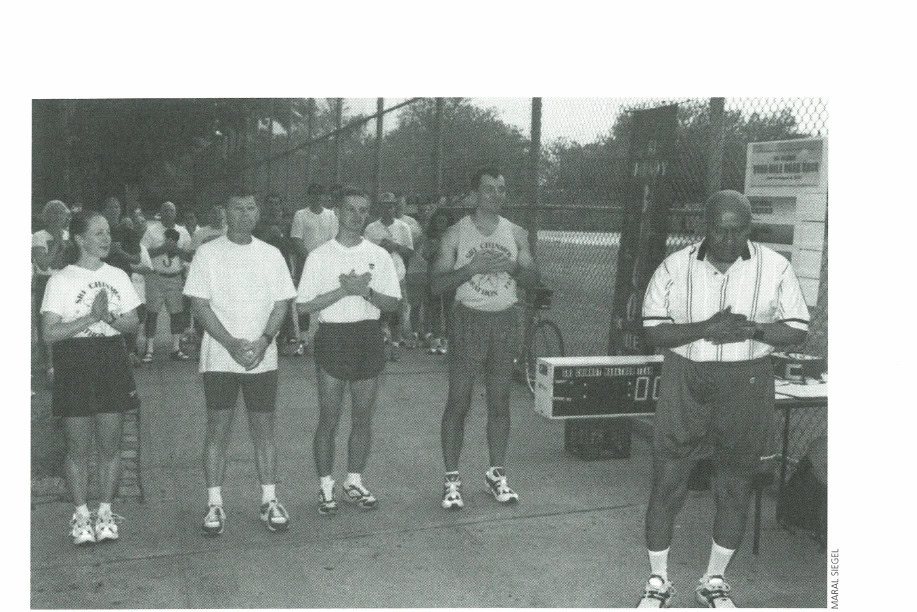 The start of the 2000 Sri Chinmoy 3100-mile race with (from left) Suprabha, John Wallis of Michigan, Asprihanal-Pekka Alto of Finland, Namithaba Arsic of Yugoslavia, and (in front) Sri Chinmoy himself.