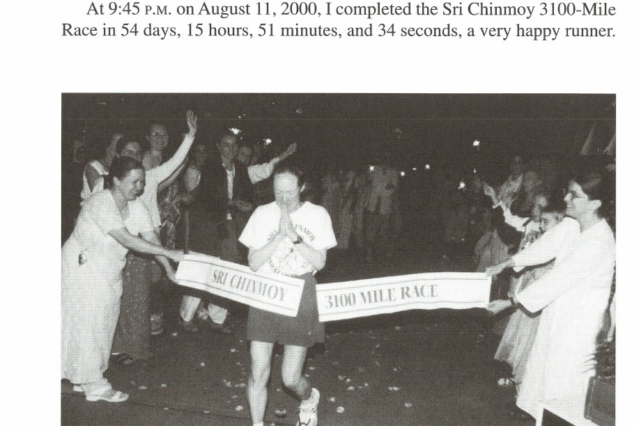 Suprabha crosses the finish line of her fourth Sri Chinmoy 3100-mile race.