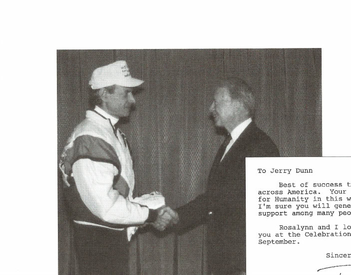Jerry Dunn receiving a letter of good wishes from Jimmy Carter for his transcontinental run for Habitat for Humanity.