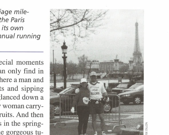 Marriage on the Run 20 Ed and Denise at the Paris Marathon, with the Eiffel Tower visible in the background. Courtesy of Denise Dillon.