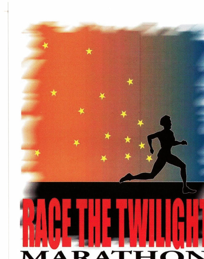 Marriage on the Run 21 Race the Twilight Marathon promotional graphic featuring a silhouetted runner against a twilight sky with stars, Edmonton Alberta Canada, June 22 5:00 PM 2002