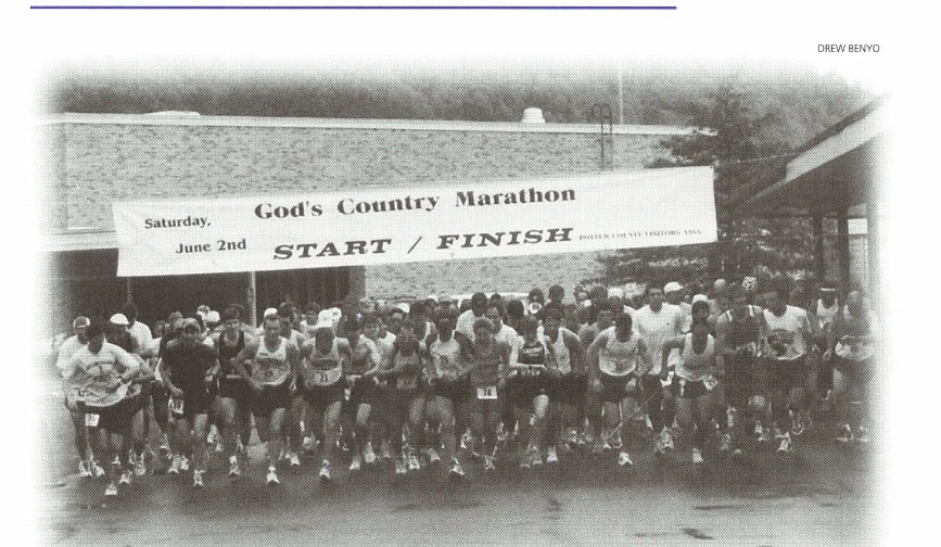 God's Country Marathon 7 Runners at the God's Country Marathon Start/Finish banner, Saturday, June 2nd, Potter County Visitors Association.