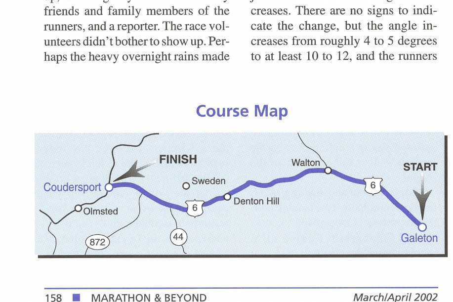 God's Country Marathon 8 Course Map showing the God's Country Marathon route from START in Galeton to FINISH near Coudersport, passing through Walton, Denton Hill, Sweden, and along Route 6.