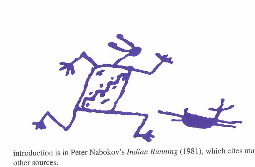 Illustration of a running figure, rendered in blue ink, in a Native American or folk-art style.