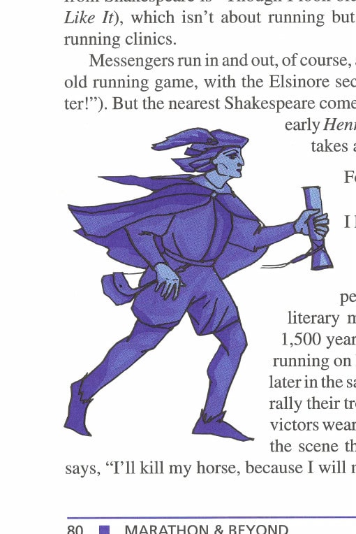 Illustration of a medieval knight or messenger figure in blue, holding a scroll, striding forward.