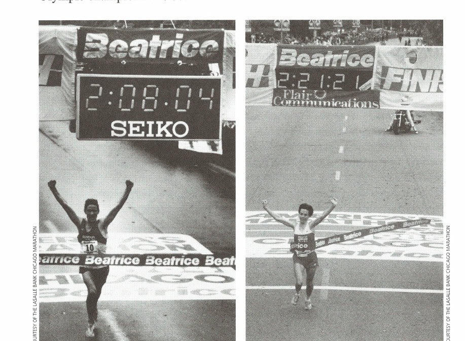 Chicago Turns 25 13 Steve Jones (left) set a world record of 2:08:05 at Chicago in 1984, while Joan Benoit (right) set the women's world record of 2:21:21 in 1985.