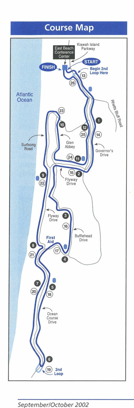 Kiawah Island Marathon 10 Course Map — Kiawah Island Marathon showing the two-loop course with mile markers, start/finish at East Beach Conference Center, and key roads including Kiawah Island Parkway, Governor's Drive, Flyway Drive, Bufflehead Drive, Ocean Course Drive, Surfsong Road, and Glen Abbey.