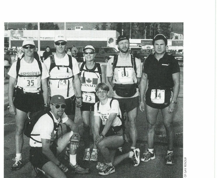 Our Regina contingent, left to right: Back: Darryl Mailander, Iain Harry, Denise Ackerman, Gary O'Connor, Stefano Diiorio. Front: Rick Minett (alias Johnny Venture), Gay Renouf. Five minutes before the start—we looked somewhat worse for wear later on.