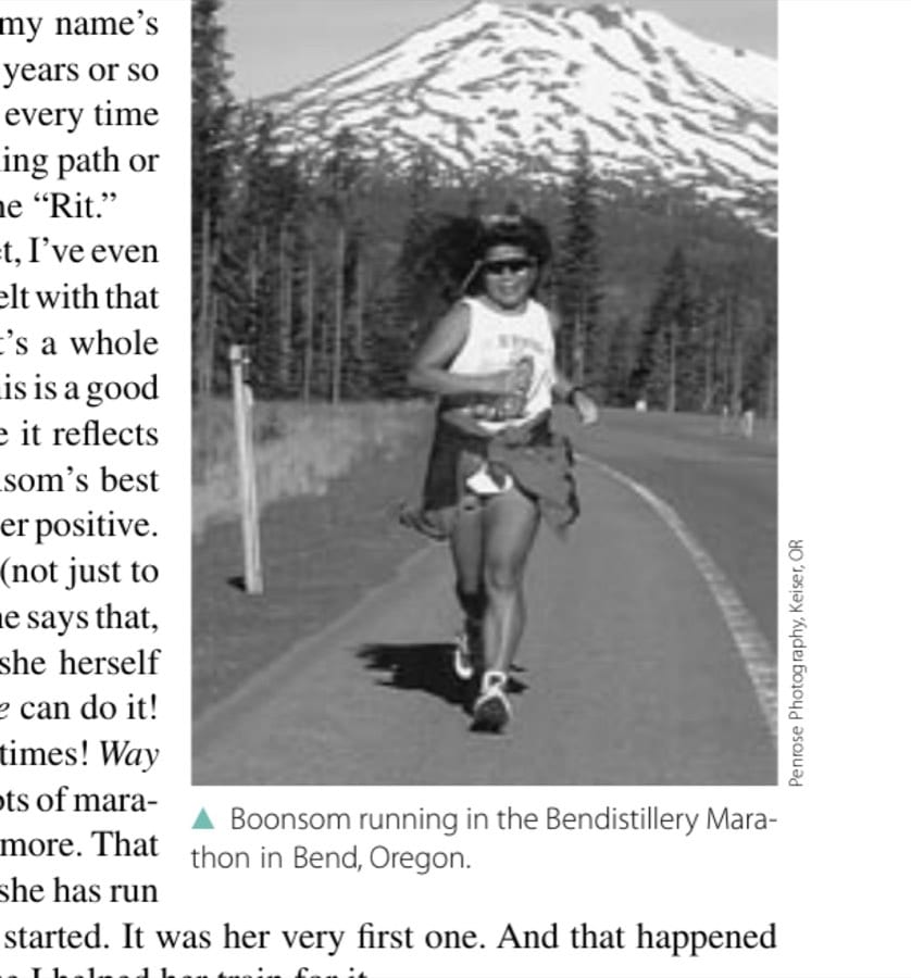 Boonsom running in the Bendistillery Marathon in Bend, Oregon.