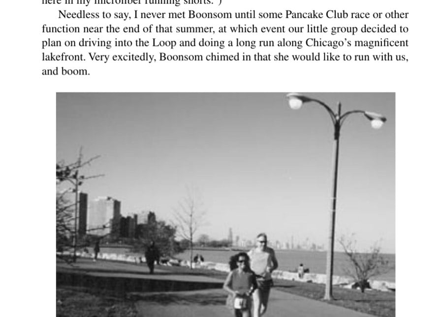 Boonsom running with Bill Hare along Chicago's park-like shoreline during the November 2001 Chicago Lakefront 50K.