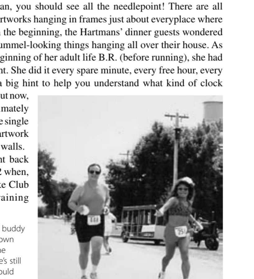 Boonsom and her running buddy Roger Novak enter the Iowa town of Marathon at the finish of the 1996 marathon there. Here she's still looking good, but later she would collapse from heatstroke, dehydration, and hypoglycemia. This was the marathon that very nearly stopped her permanently from doing any more marathons.