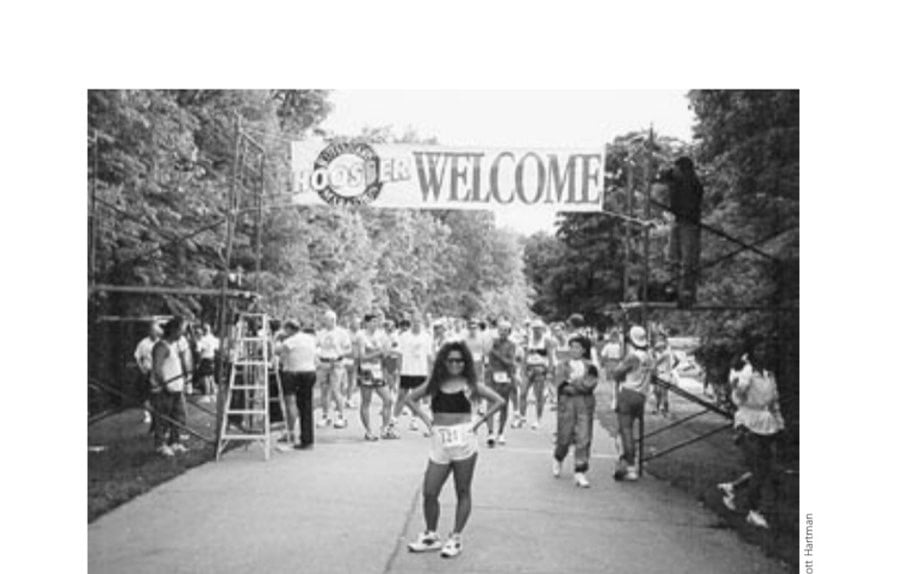 Boonsom poised at the start of the (first-ever) 1995 Hoosier Marathon in Fort Wayne, Indiana. It was at this race's pre-race expo where she first got the bug to run a marathon in every state and D.C.