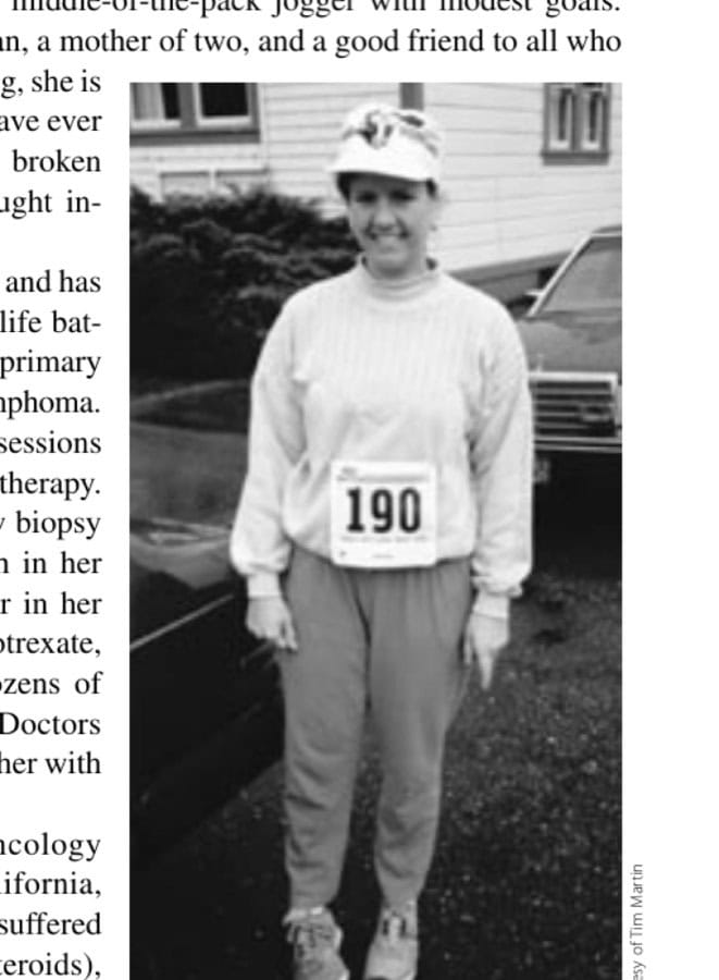 When Running Becomes Healing 6 Linda Martin awaiting the start of the Foggy Bottoms 5K Milk Run in Ferndale, California, in the early '90s.