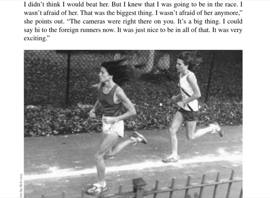 Run to Salvation 23 Patti, with Lynn Jennings in hot pursuit, in the first Bonne Bell Mini-Marathon 10K in Boston (1980).