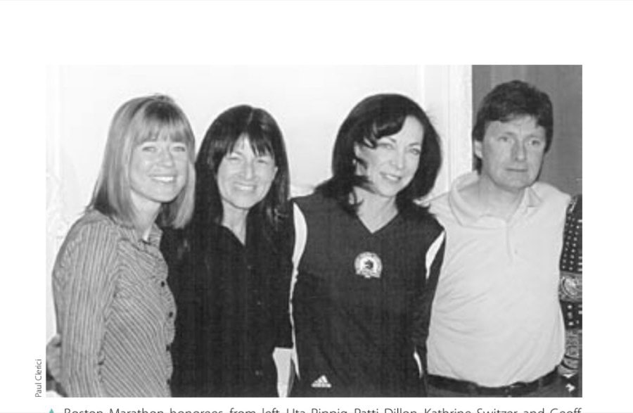 Run to Salvation 28 Boston Marathon honorees, from left, Uta Pippig, Patti Dillon, Kathrine Switzer, and Geoff Smith, during the 2004 press conference.